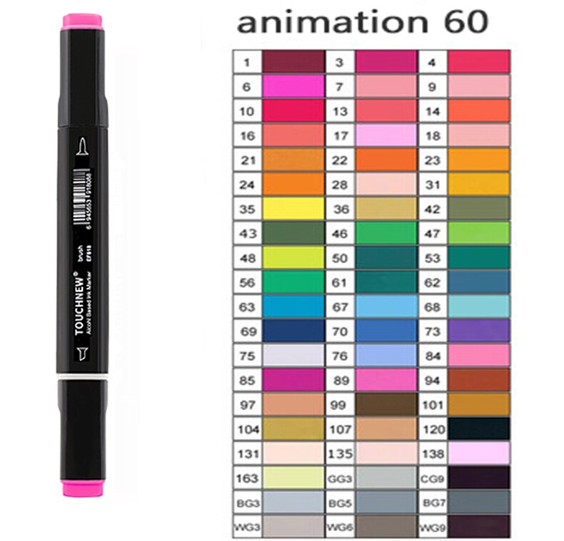 TOUCHNEW-rotuladores artísticos de doble punta para niños y adultos, pincel de Alcohol y cincel para bocetos, 30/40/60/80/168 colores: 60 black colorsA