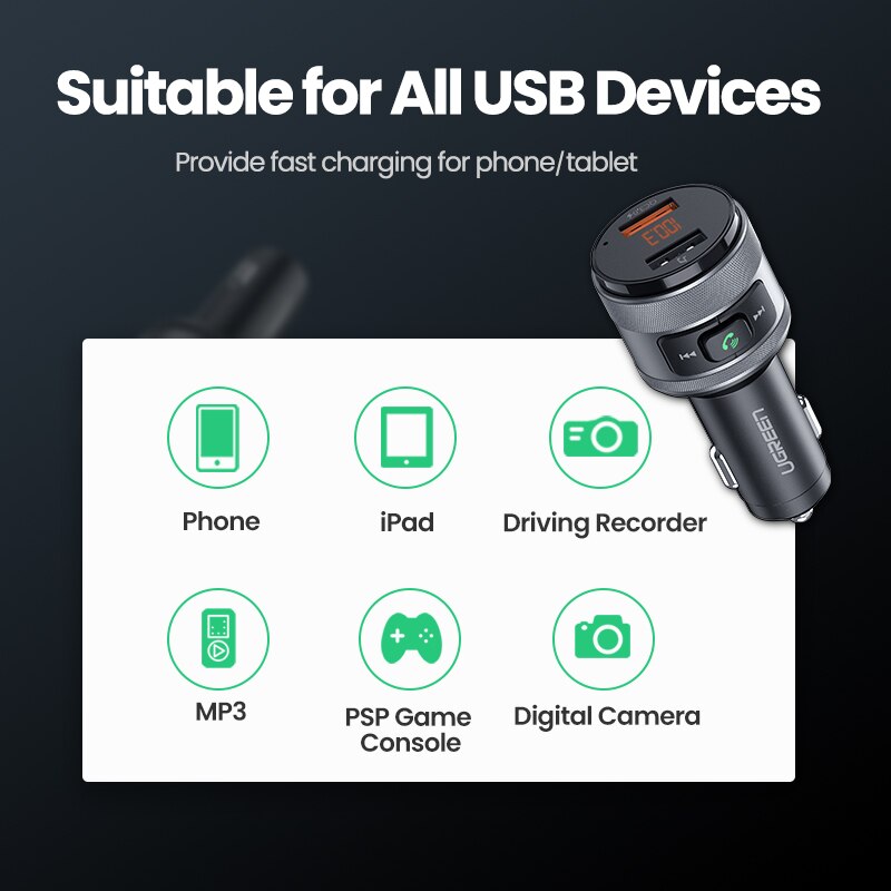 Ugreen USB Auto Ladegerät FM Sender QC 3,0 Auto Ladung Schnell Ladegerät QC 3,0 Ladegerät für Xiaomi Samsung iPhone Schnell 3,0 Ladung