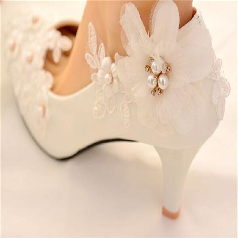 Classic white lace flower wedding shoes woman high heels women low heels bridal shoes female shoes plus size 41 42