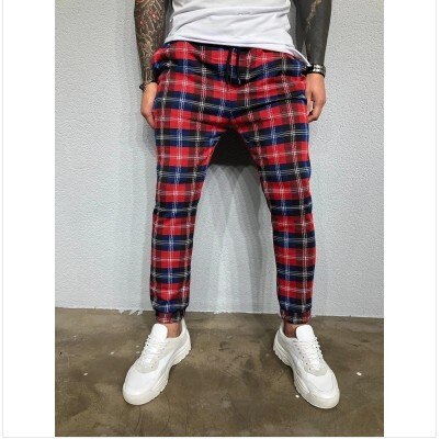 hommes pantalon ajusté à carreaux pantalons décontractés joggeurs Jogging pantalon maigre grande taille hommes pantalon: Asia XXL / red