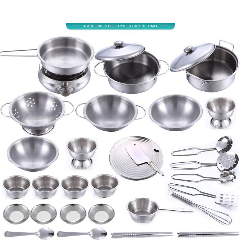 40Pcs Stainless Steel Kids House Kitchen Toy Cooking Cookware Children Pretend & Play Kitchen Playset for Children- Silver