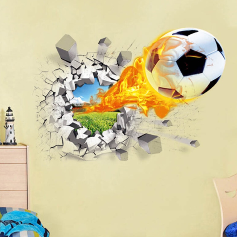 3D Football broken wall sticker for kids room living room sports decoration mural wall stickers home decor decals wallpaper
