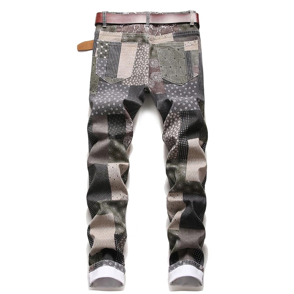 Men's Male Patch Patchwork Printed Jeans Slim Straight Stretch Denim Pants Plaid Digital Painted Trousers F819