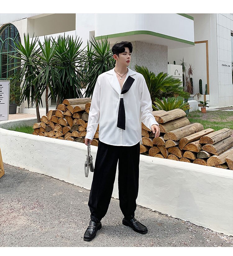Camisa de manga larga con cuello de estilo coreano para hombre, de personalidad, camisas blancas de estilo suelto para hombres, blusas de tendencia , ropa de escenario