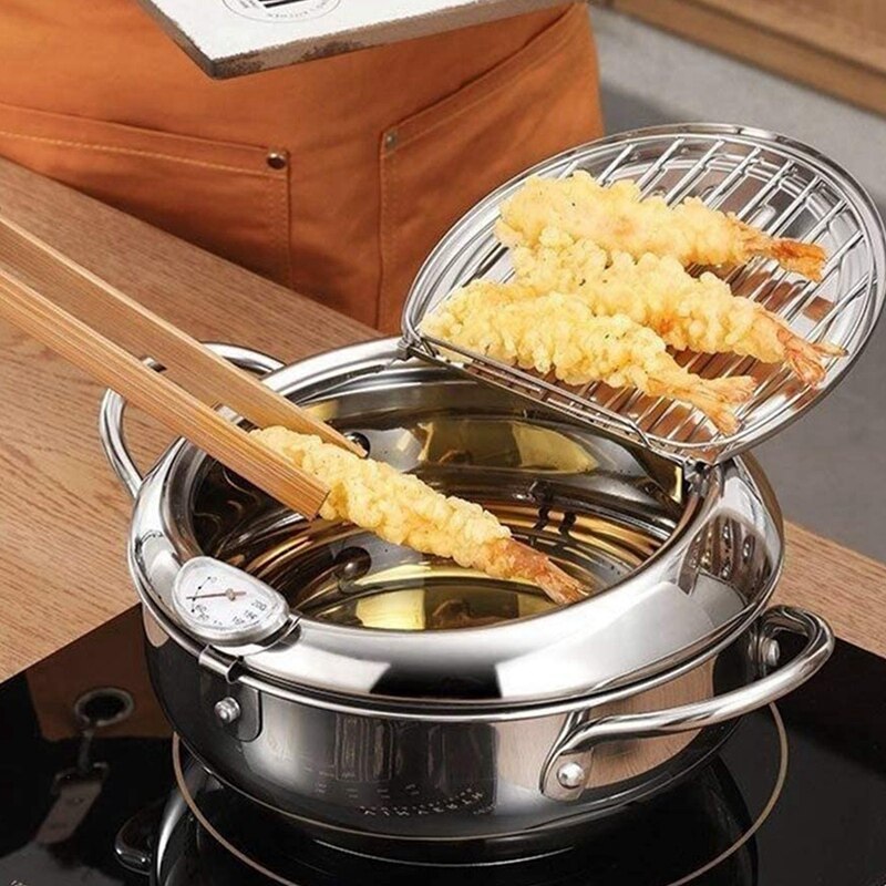 Deep Frying Pot with a Thermometer Lid&Chopsticks Stainless Steel Kitchen Fryer Pan Fryer Pan Uncoated Fryer 24 cm