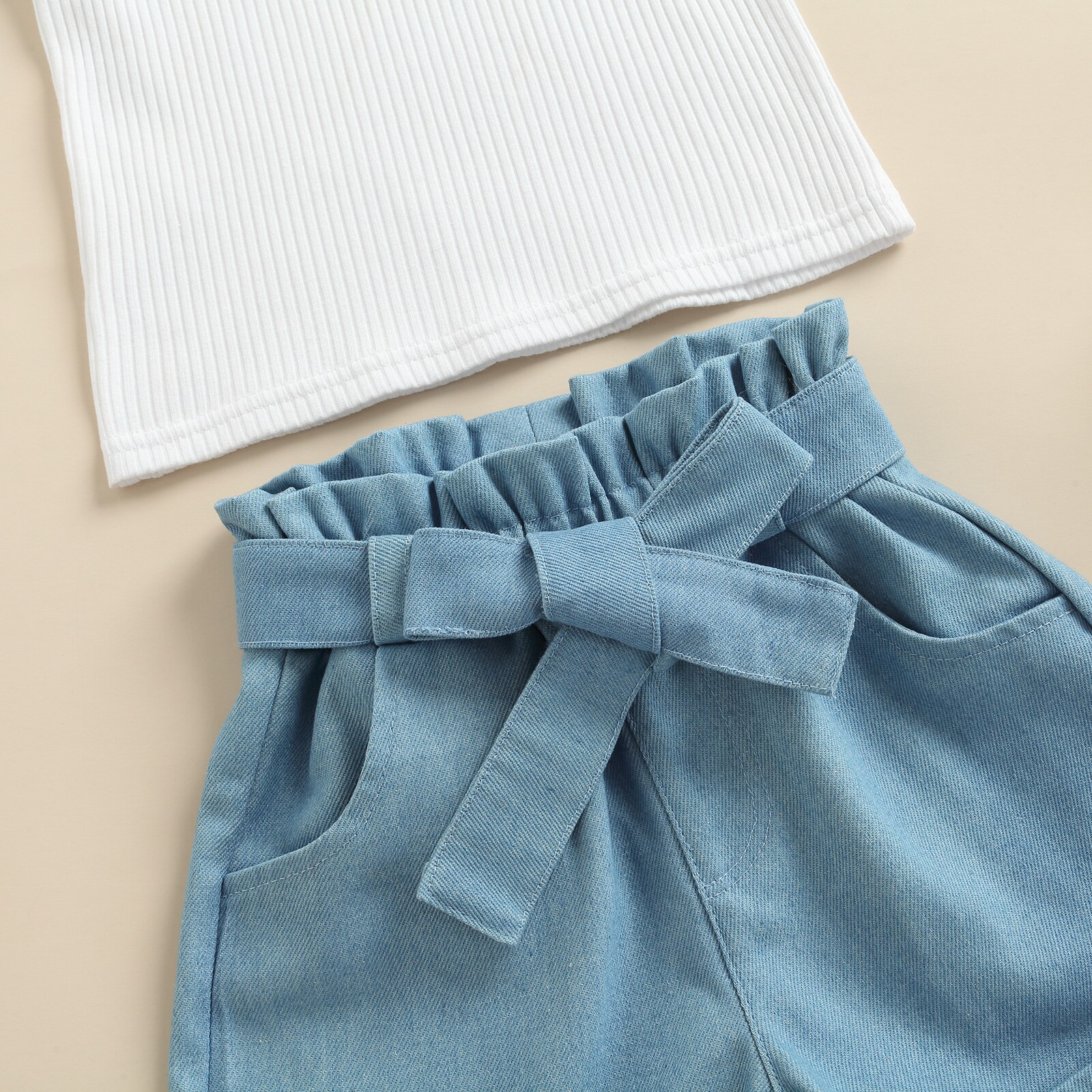 Peuter Baby Meisje Kleding Set Effen Kleur Mouwloze Geribbelde Gebreide Tops + Denim Shorts 2 Stuks Outfits Zomer Kid Kleding