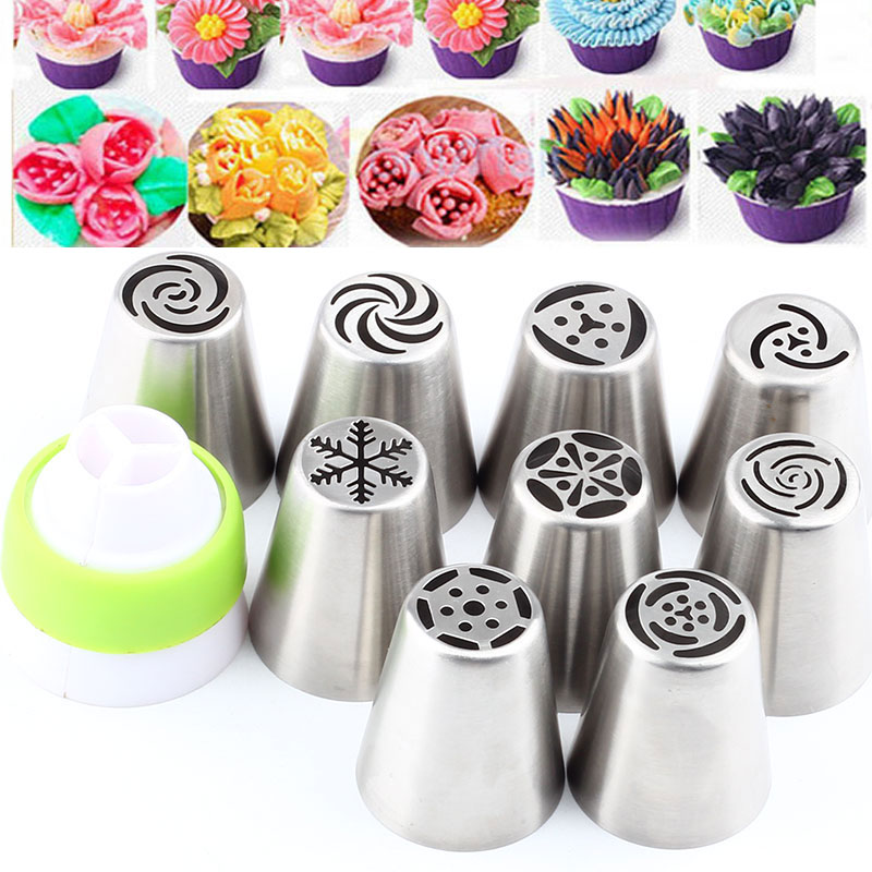 9 Pcs Icing Piping Russische Cake Nozzles Rvs Pastry Tips En 1 Stuks Koppeling Converter Decorating Cake Tips