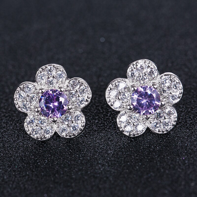 Huitan-pendientes de planta romántica para niña, con forma de flor pequeña Simple con forma de flor, aretes de tuerca de circón cúbico blanco rosa claro