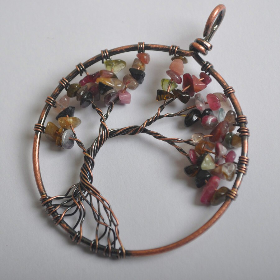 Lucky Handmade Tree of life Tourmaline Bronze Copper Wire Wrap Pendant Jewelry K2058