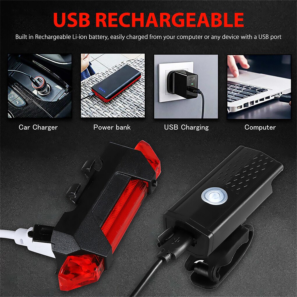 Bike Bicycle Light USB LED Rechargeable Set Mountain Cycle Front Back Headlight Lamp Flashlight Waterproof Bike Tail Light