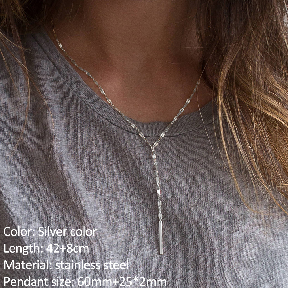 SUNIBI-collares con colgante de barra Vertical para mujer, cadena Lariat larga Simple de acero inoxidable, collar colgante minimalista, de joyería: Rodio plateado