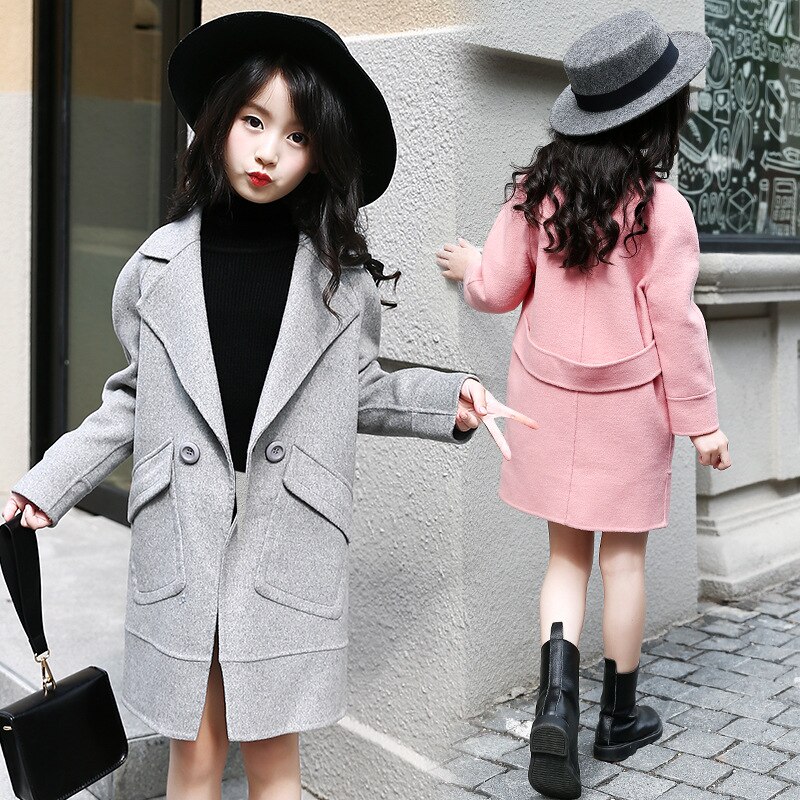 Girls Wool Winter Coats Double breasted Children's Trench Jackets Thick Warm Velvet Girl Coats Outwear Kids Clothing