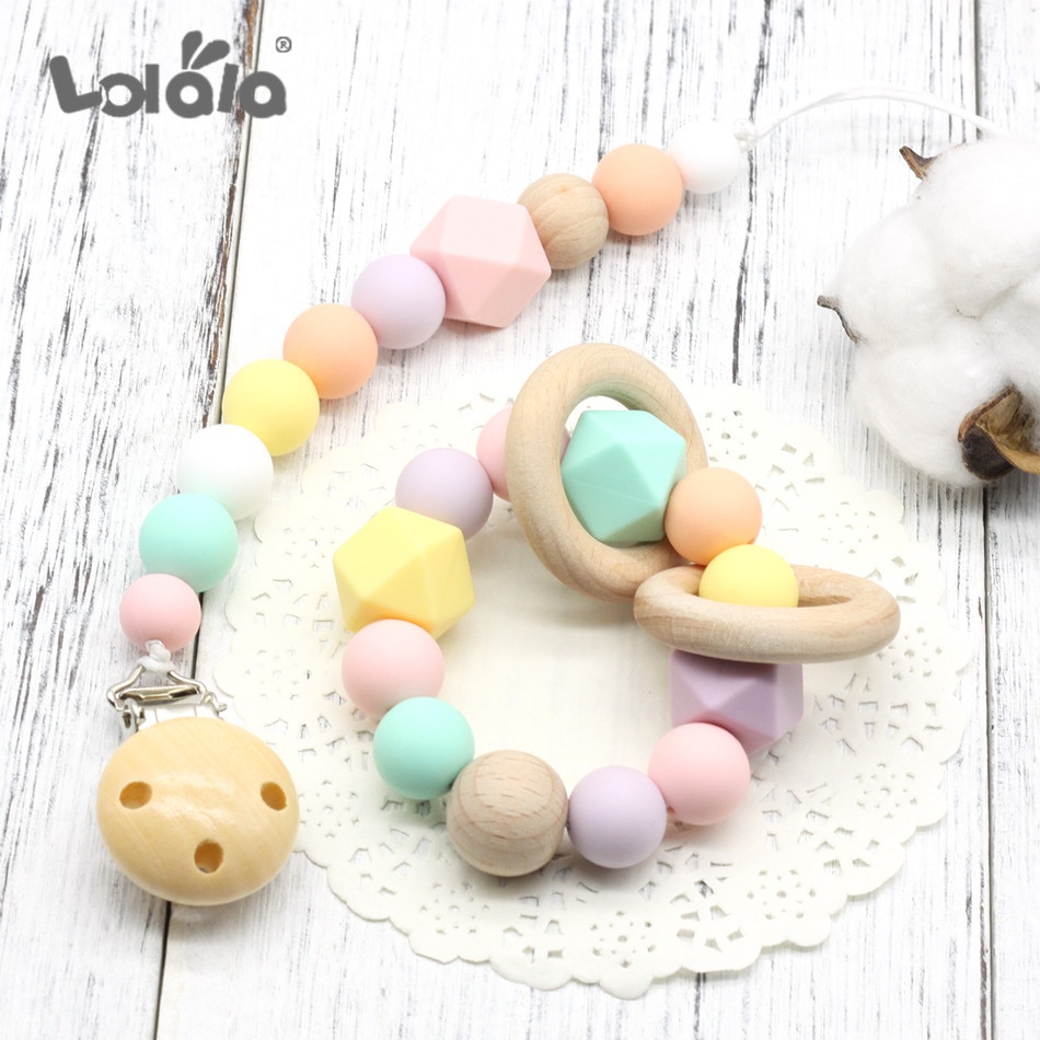 Bebé broches para chupete de silicona y madera de haya bebé chupete Clips de madera clip para chupete recién nacido juguete