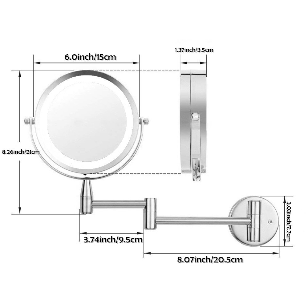 Led Dubbelzijdig Vergrootglas Make-Up Spiegel, 6.0 "15Cm Diameter 1X/5X Verstelbare Wandmontage 360 Roterende Uitschuifbare Draaibare Spiegel