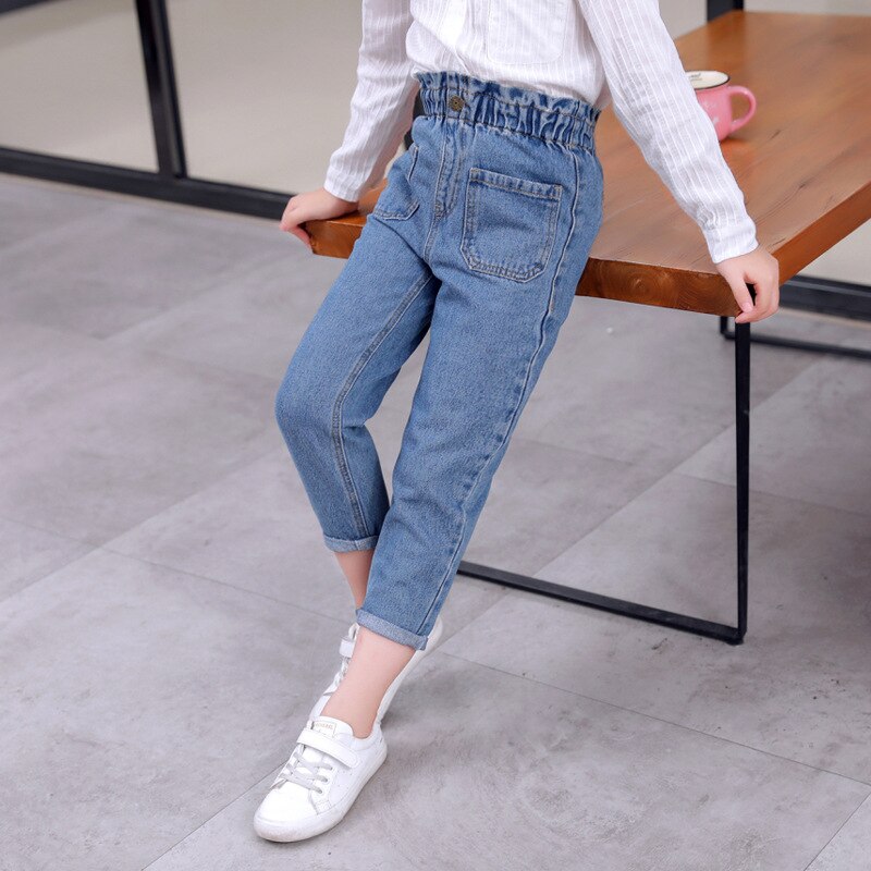 Vår og høst barn klær jenter høy midje jeans bukser blå slim fit denim materiale for jenter bukser bukser klær