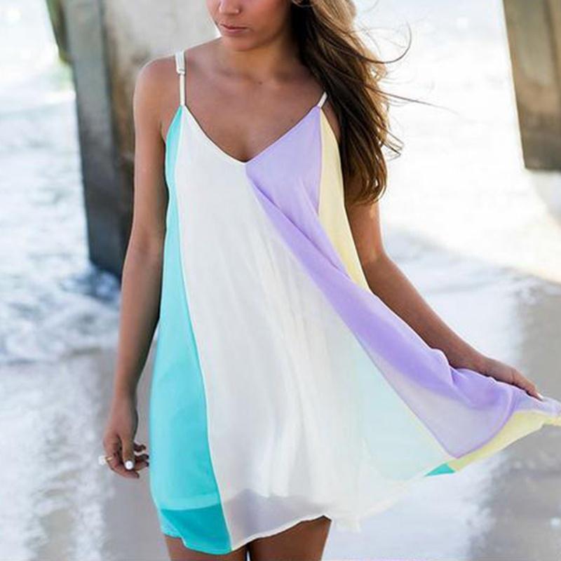 Vestido playero de gasa sin mangas para mujer, vestido playero con tirantes y cuello de pico, con costuras de bloque de Color, para verano: M