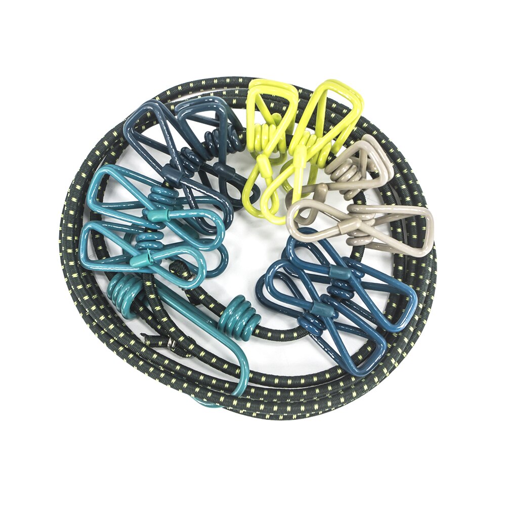 Corde à linge élastique avec 12 pièces pinces à linge Clips 2 crochets d'extrémité réglables