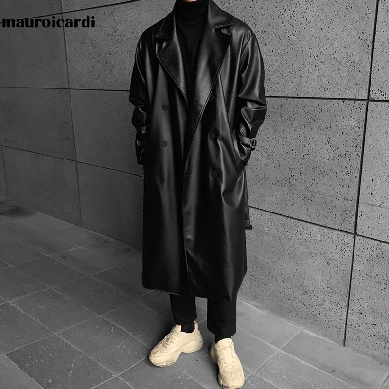Mauroicardi Spring Long Black Oversized Leather Trench Coat Men 2022 Shoulder Long Sleeve Belt Faux Leather Coats for Men: L