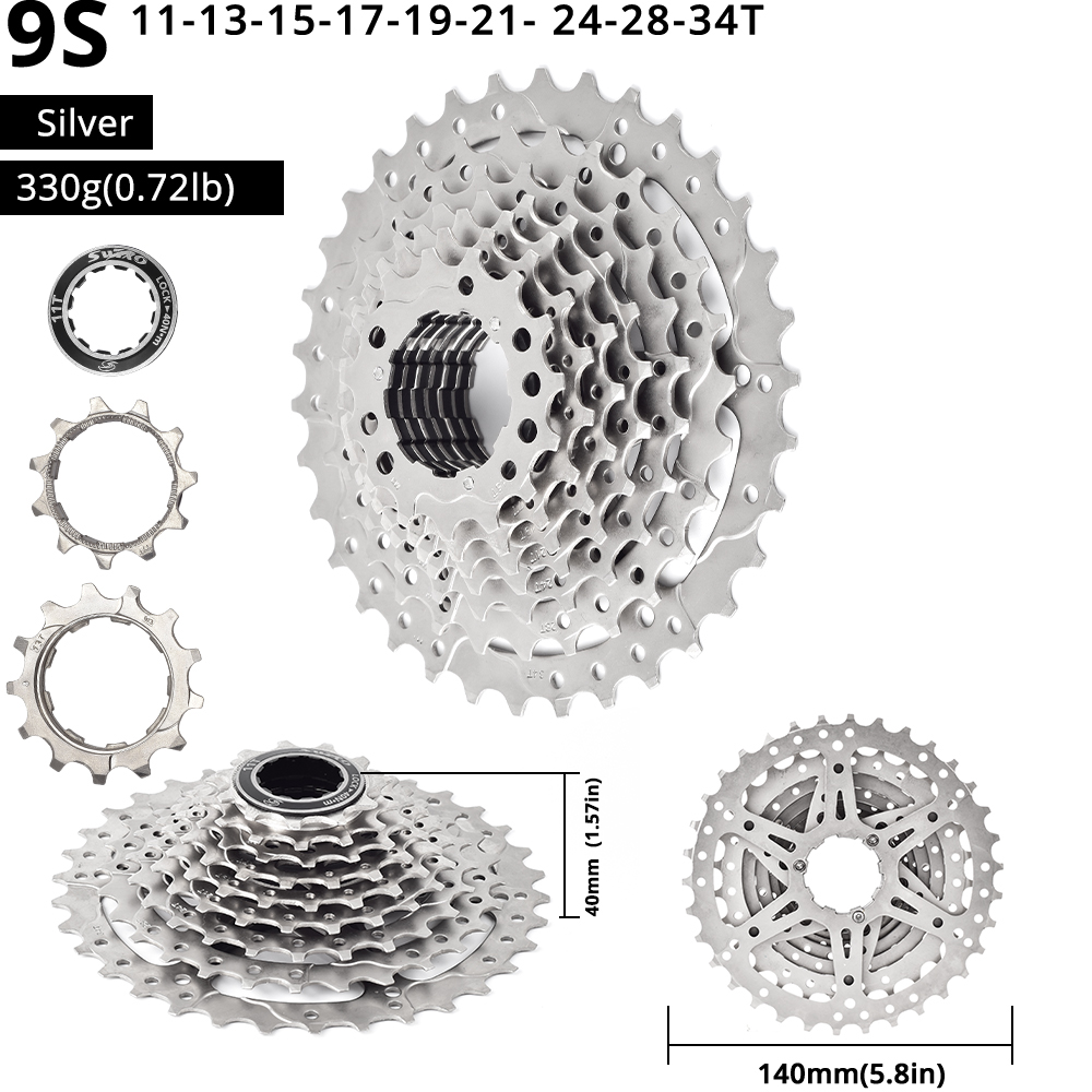 SWTXO Silver 9 Speed Cassette Freewheel For SHIMAN0 Mountain Bicycle Flywheel 9S 11-36T 23T 25T 28T 30T Cycling Accessories: 34T Silver