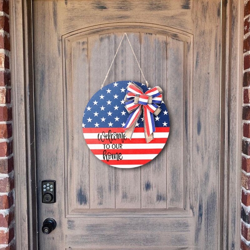 Our Home Sign Rustic Front Door Hanger Round Wooden Hanging Sign for Farmhouse Porch American Independence Day Decoration