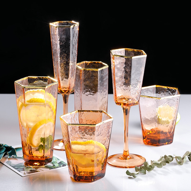Japan Orange Color Wine Glass Geometric Hexagonal Champagne Goblet Tequila Whiskey Wine Glasses Home Barware