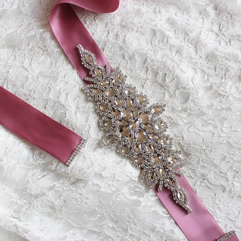 Bridal Crystal Wedding Accessories Satin Dress Belt Ribbon Waistband Sash for Evening Prom Dresses: Nude Pink
