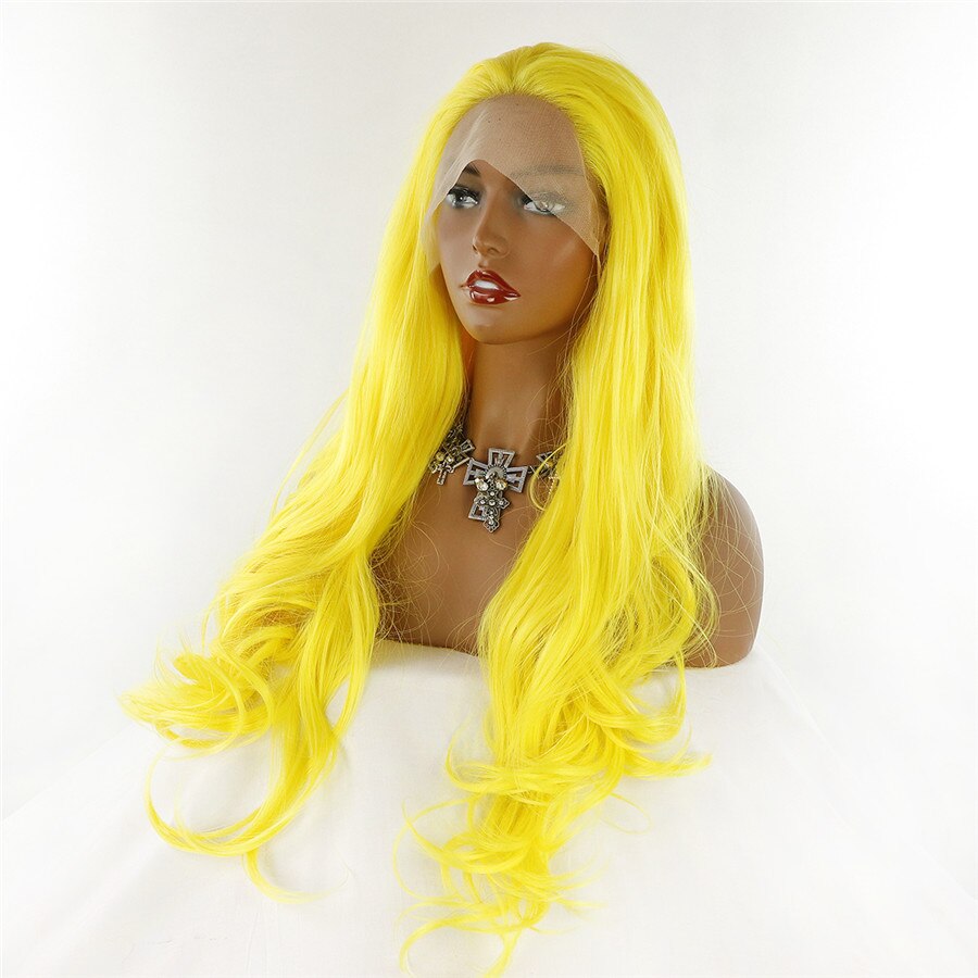 Long Body Wave Hair Synthetic Lace Front Wig Yellow Color Wig 26 Inch Glueless 180% Fiber Hair Wigs For Daily Women