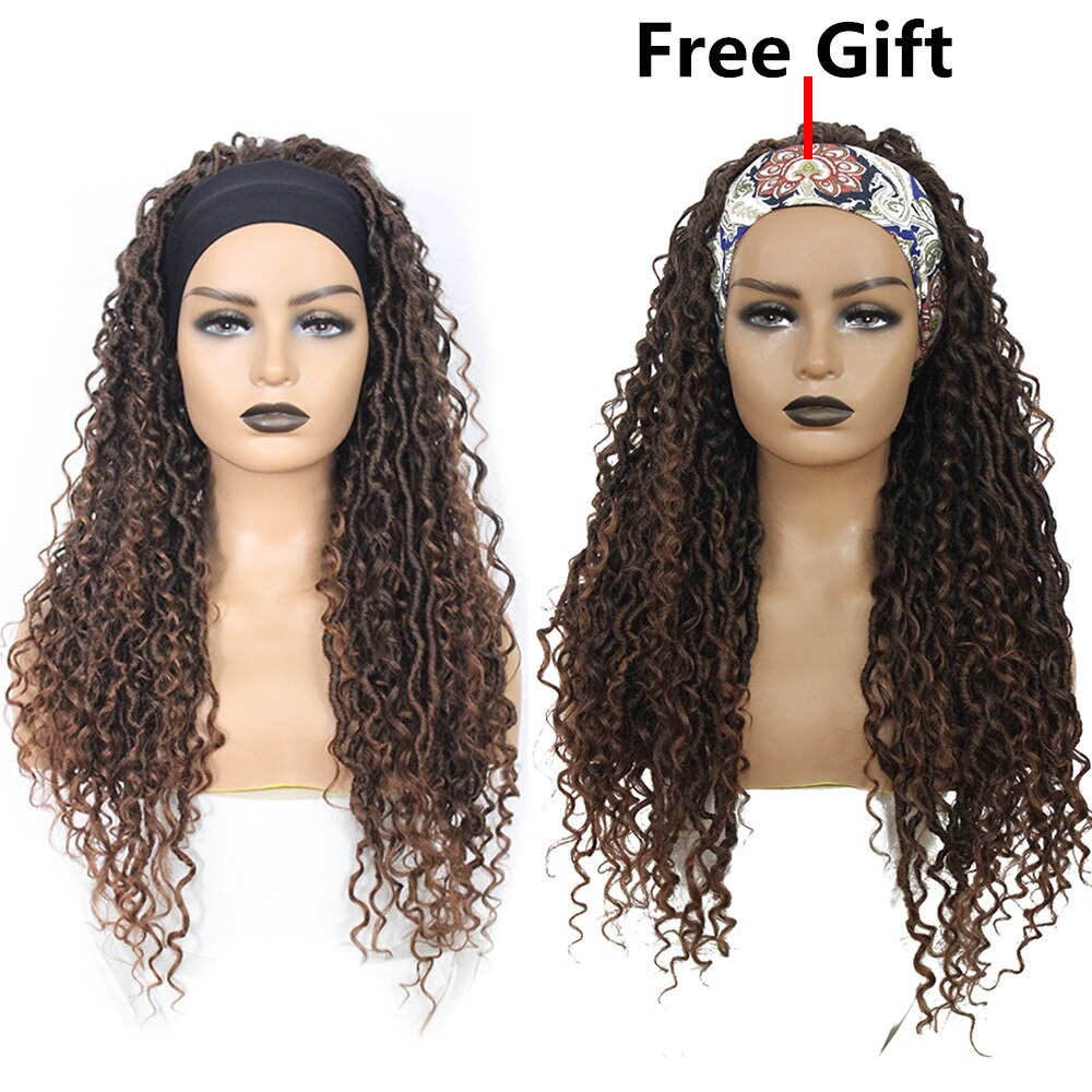 Ombre Brown Headband Synthetic Braided Wigs For Black Women 24 Inch Natural Glueless Hair Wig SOKU Faux Locs Crochet Curly Hair
