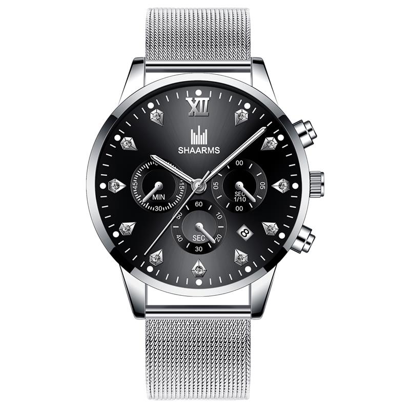SHAARMS Men's Wristwatch Blue DialCasual Quartz Watch Stainless Steel Mesh Band Watch Date Clock Reloj Hombre