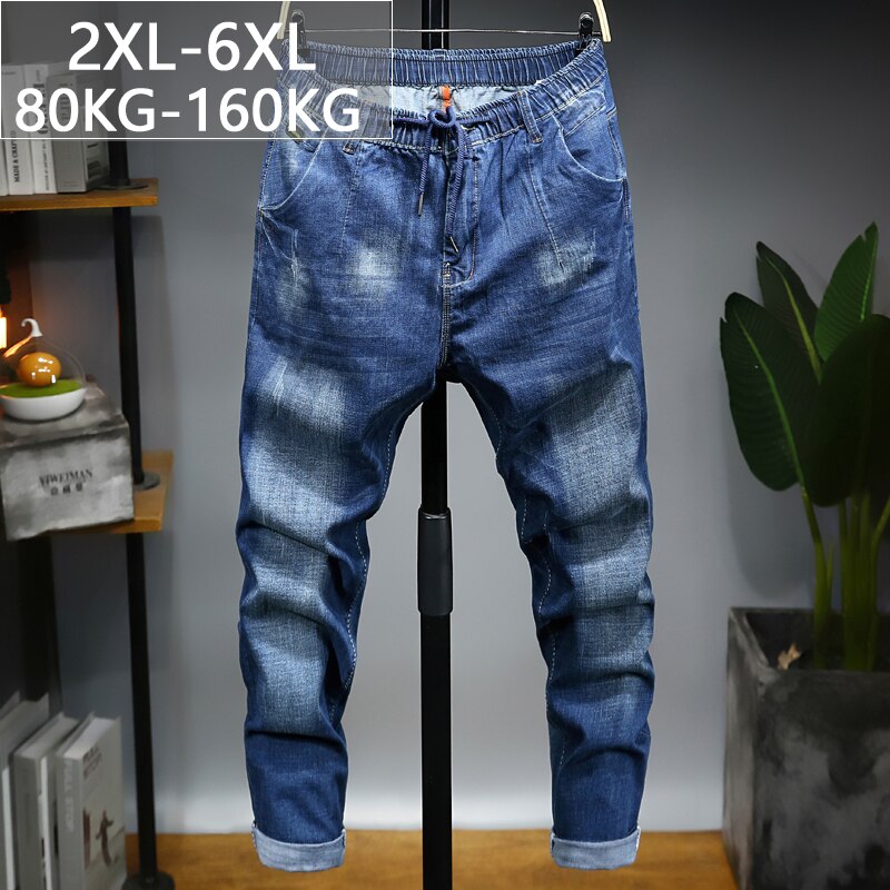 Plus size 6XL Elastic waist Ankle pants men's jeans summer stretch Loose Navy blue Leisure straight large size mid-rise jeans