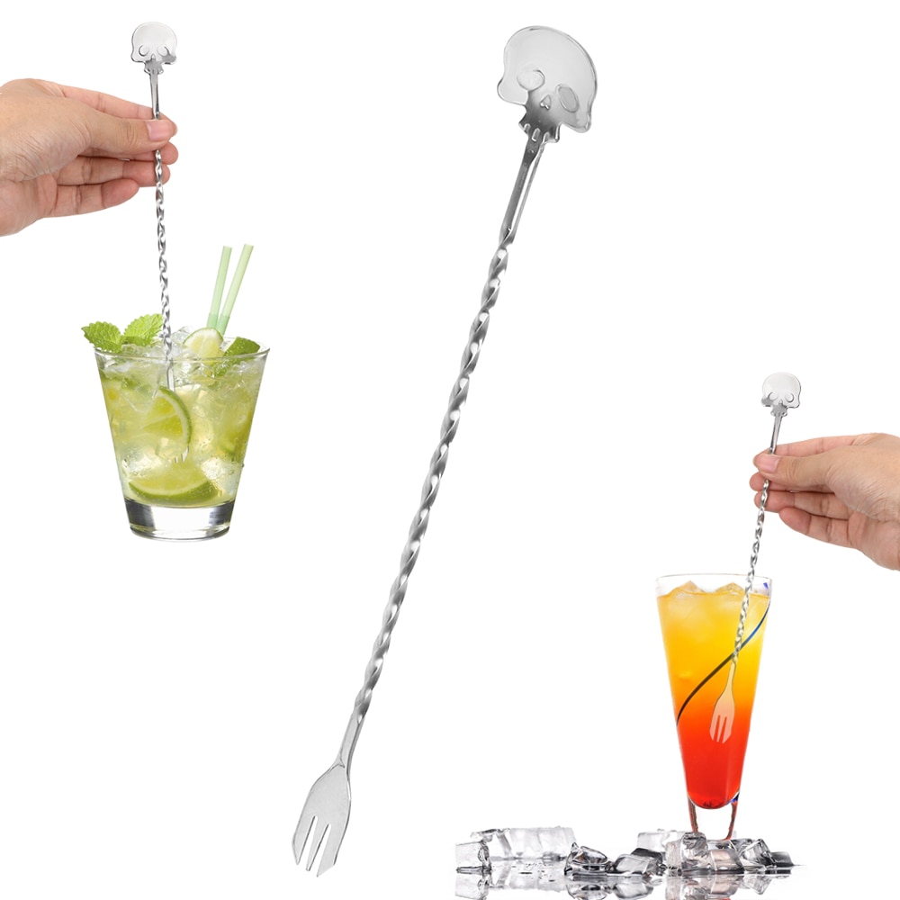 Skull Bar Spoon Swizzle Sticks Cocktail Pick Stirrer Bar Spoon Mixing Fork 25cm Stainless Steel Bartender Kitchen Tools