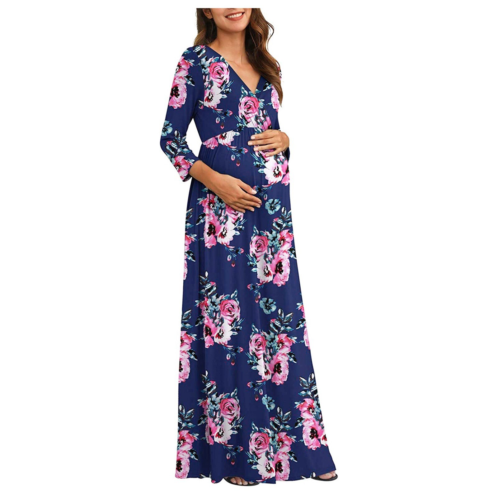 Vestido de maternidad para mujer, vestido largo informal de manga 3/4 con cuello en V, estampado de flores para embarazo