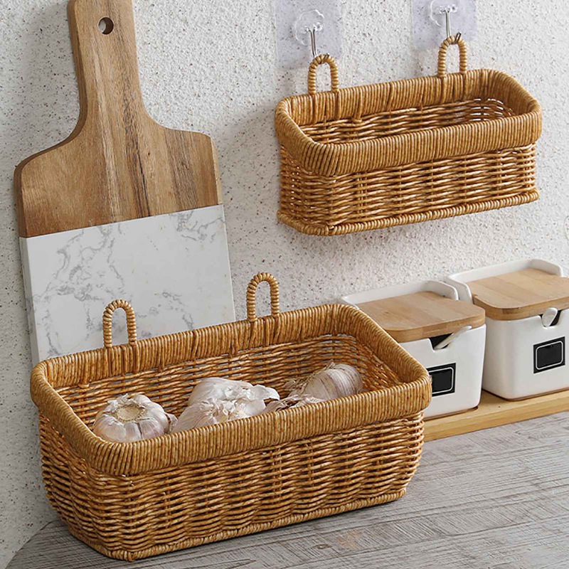 Woven Wall Baskets for Storage Plastic Imitation Ratten Organizing Tray for Home Kitchen Bathroom Farmhouse