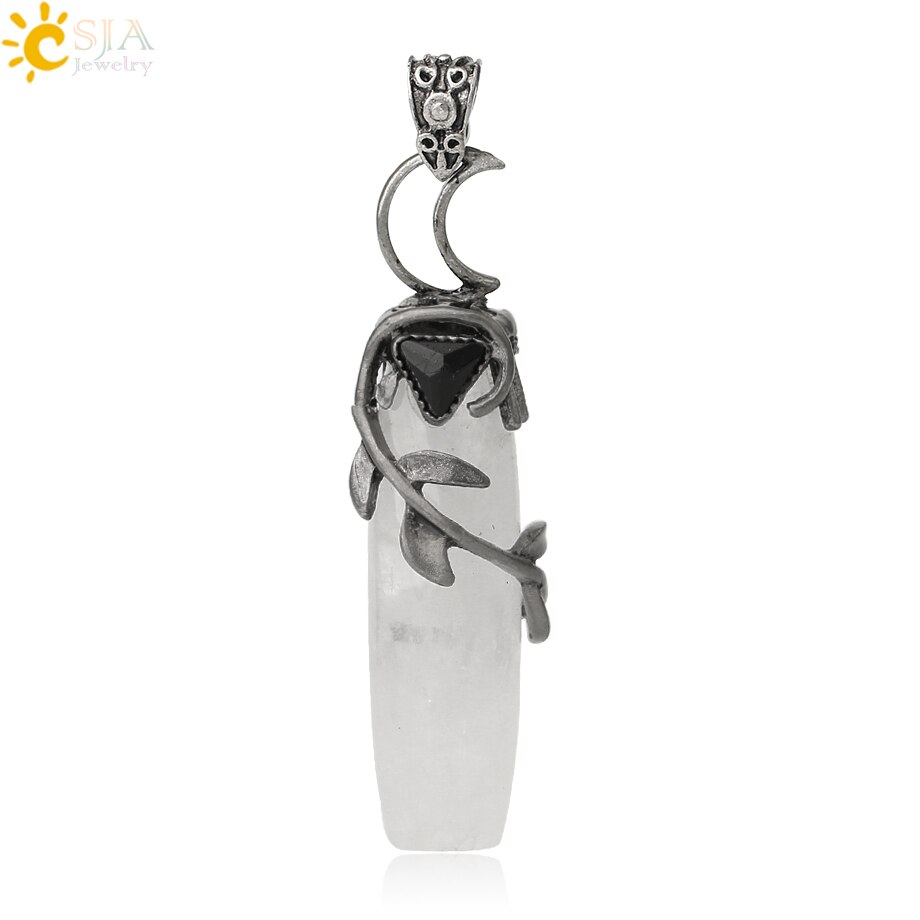 CSJA Antique Silver Color Pendant Necklaces Natural Crystal Stones Leaves Winding Faceted Rectangle Long Pendants Women Men G587: Clear Crystal