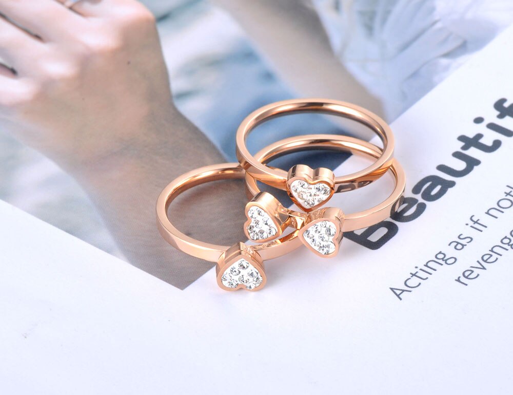 JeeMango Classic 3 In 1 Rose Gold CZ Crystal Love Heart Flower Ring Jewelry Stainless Steel Wedding Ring For Women Girls JR19074