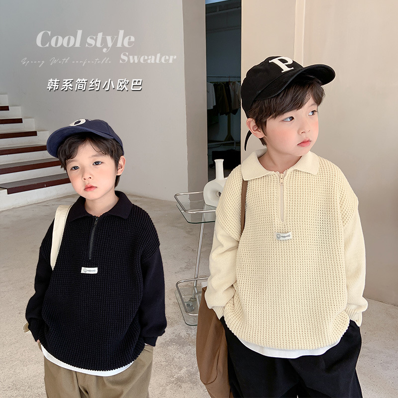 Primavera meninos de malha turn-down colarinho pullovers estilo coreano malhas crianças suéteres