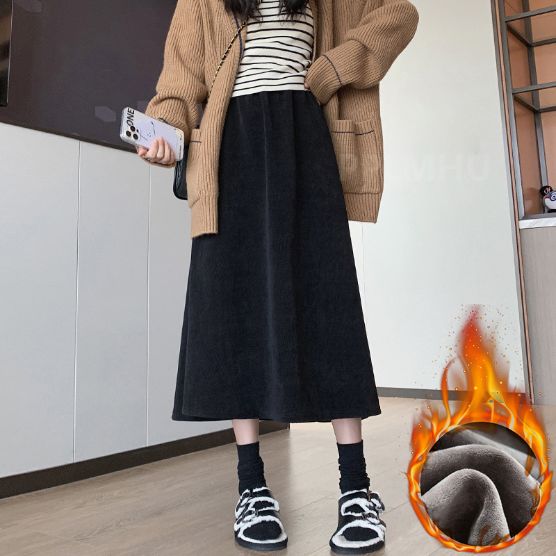 Vinter tykkere corduroy nederdele kvinder varme højtaljede plys fløjlsforede faldas afslappet løse saias vintage koreansk a-linje jupe: L / Grøn