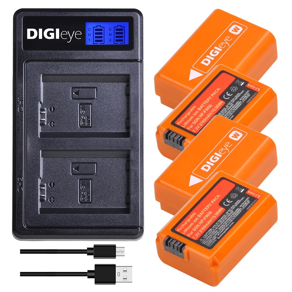 3Pcs 2160Mah NP-FW50 Np FW50 Batterij + Lcd Usb Dual Charger Voor Sony Alpha A6500 A6300 A7 7R a7R A7R Ii A7II NEX-3 NEX-3N NEX-5: 4 battery set