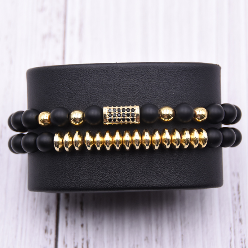 2 pçs/set Micro Pave CZ Longo praça Encantos Pulseiras para mulheres dos homens 8 milímetros Fosco contas de pedra Pulseira de homens jóias presentes