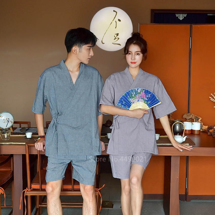 2022 sommer traditionelle kimono top bukser sæt kvinder mænd bomuld ensfarvet japansk yukata nattøj badekåbe asiatisk spa hjemmetøj