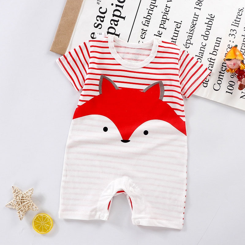 Katoenen Baby Meisje Jongen Romper Zomer Korte Mouw Cartoon Dier Jumpsuit Peuter Baby Leuke Kleding: red / 90