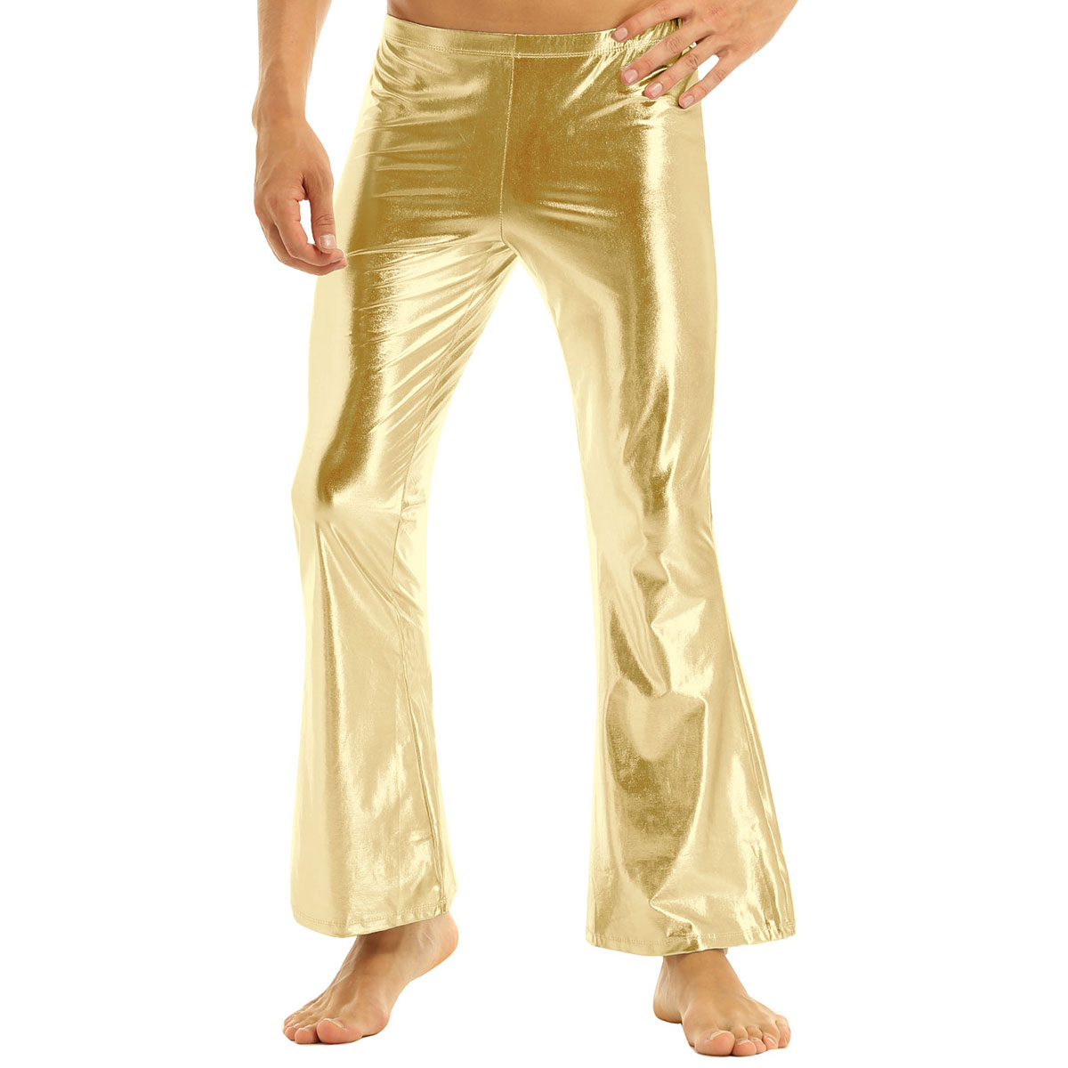 Pantalon de soirée pour homme, vêtement de soirée, brillant, métallique, Disco, avec fond de cloche, évasé, Long, Costume