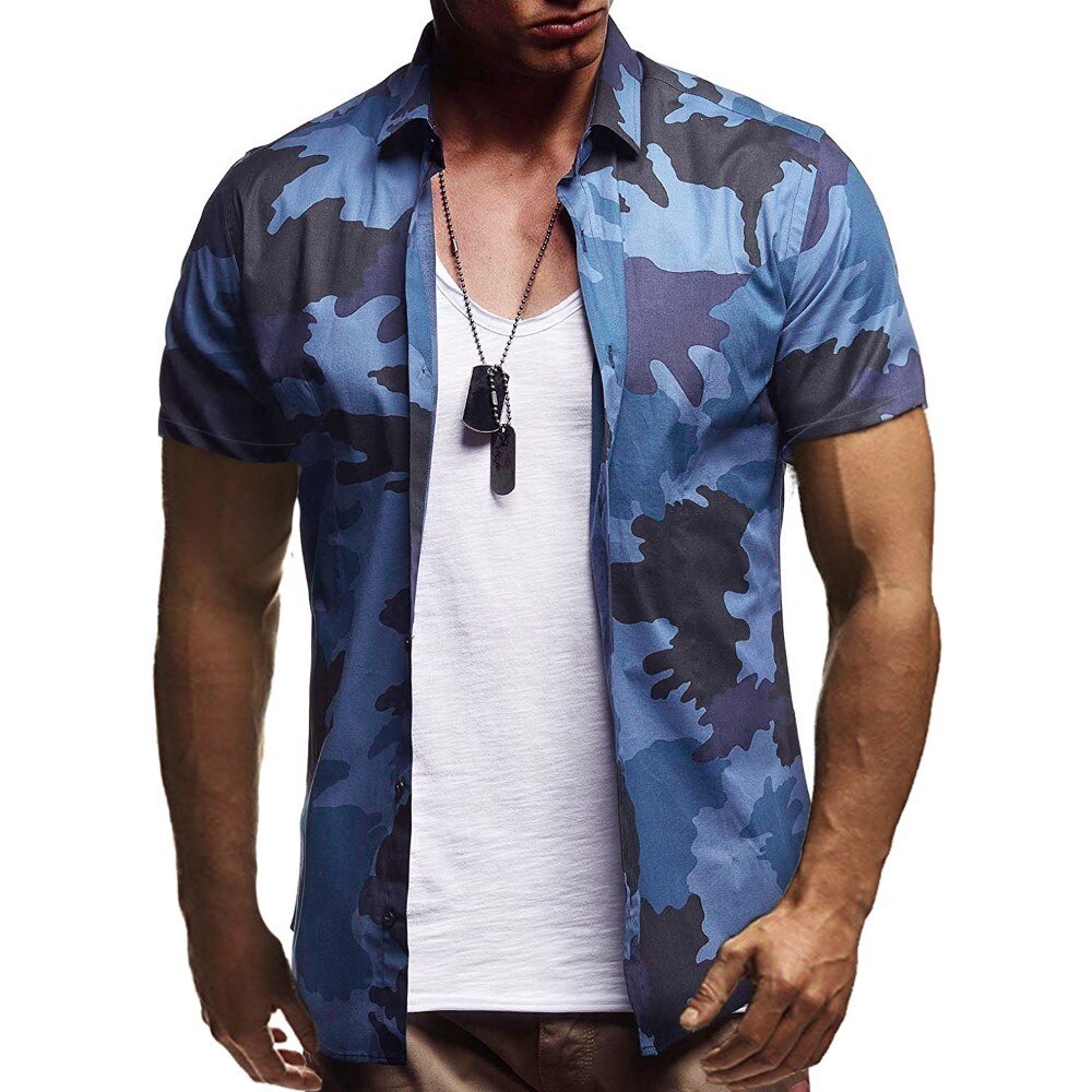 mannen Zomer Camouflage shirts Mannelijke Blauw Groen Casual Shirt tops Mannen Camo Korte Mouw Streetwear shirt M-3XL: Blauw / L