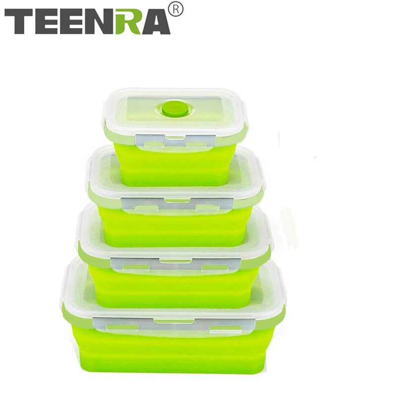 TEENRA Silicone Collapsible Lunch Box Set Silicone Food Container Storage folding Food Bento Lunch Box Microwave Dishwasher Safe: Green 4pcs