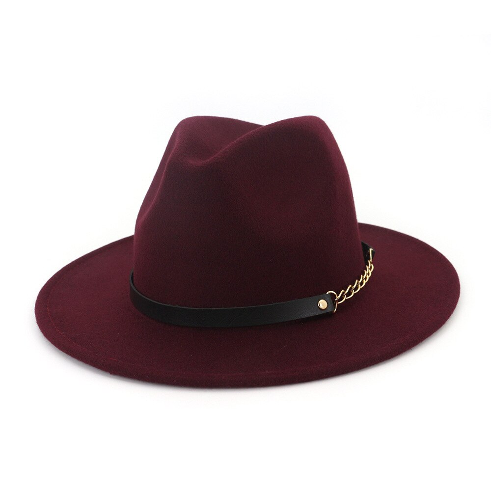 Efterår vinter filt fedora hatte med bælte bred flad kant jazz trilby formel top hat panama cap til unisex mænd kvinder: 3
