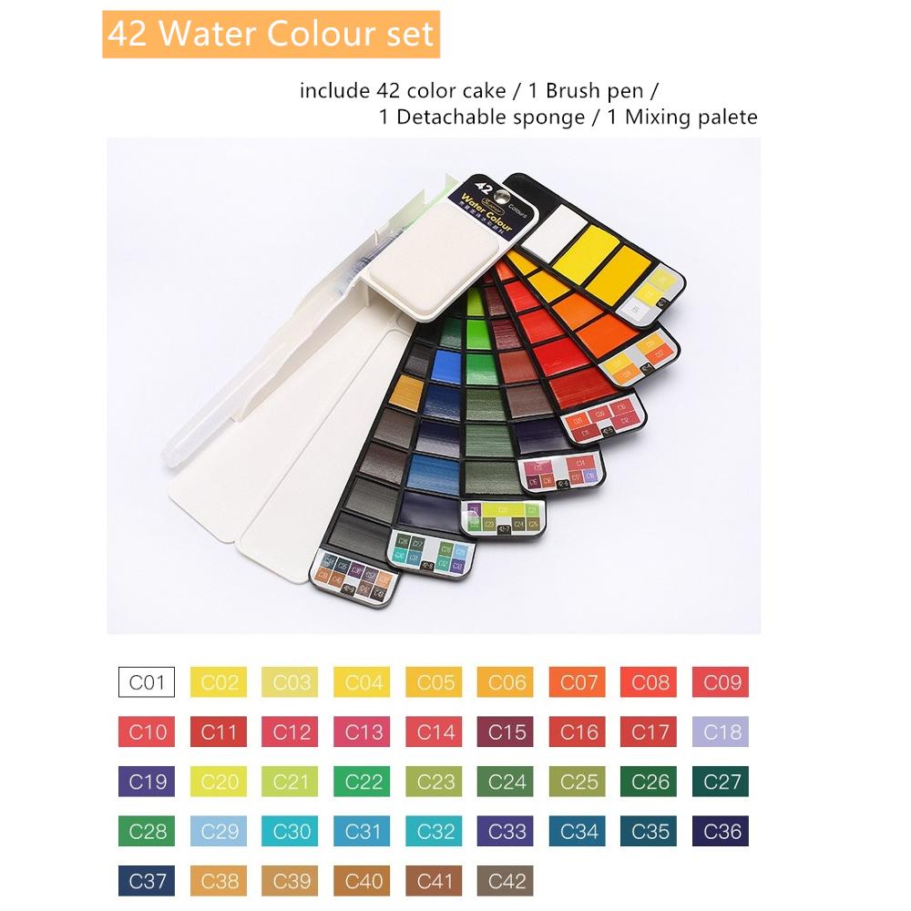 XIUP-Kit de pintura de acuarela sólida portátil en forma de abanico, paleta de pinturas superiores con pincel, suministro de Arte Artístico , H6151: 42 main color set