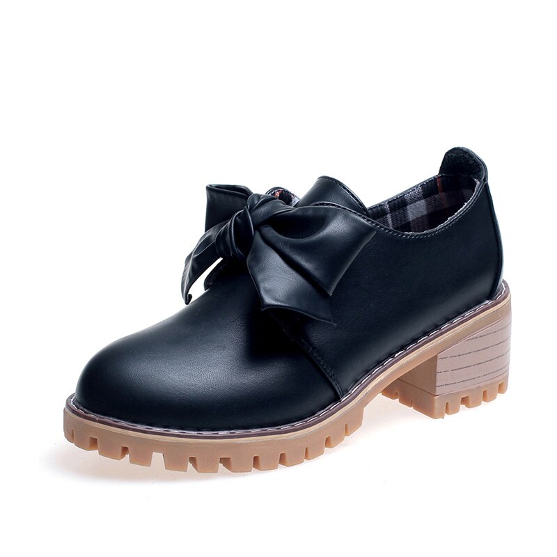 Sløjfe knude flade sko rund tå snøre oxford fritidssko kvinde pu læder brogue kvinder sko kvinde plus størrelse zapatos mujer: Sort / 7.5