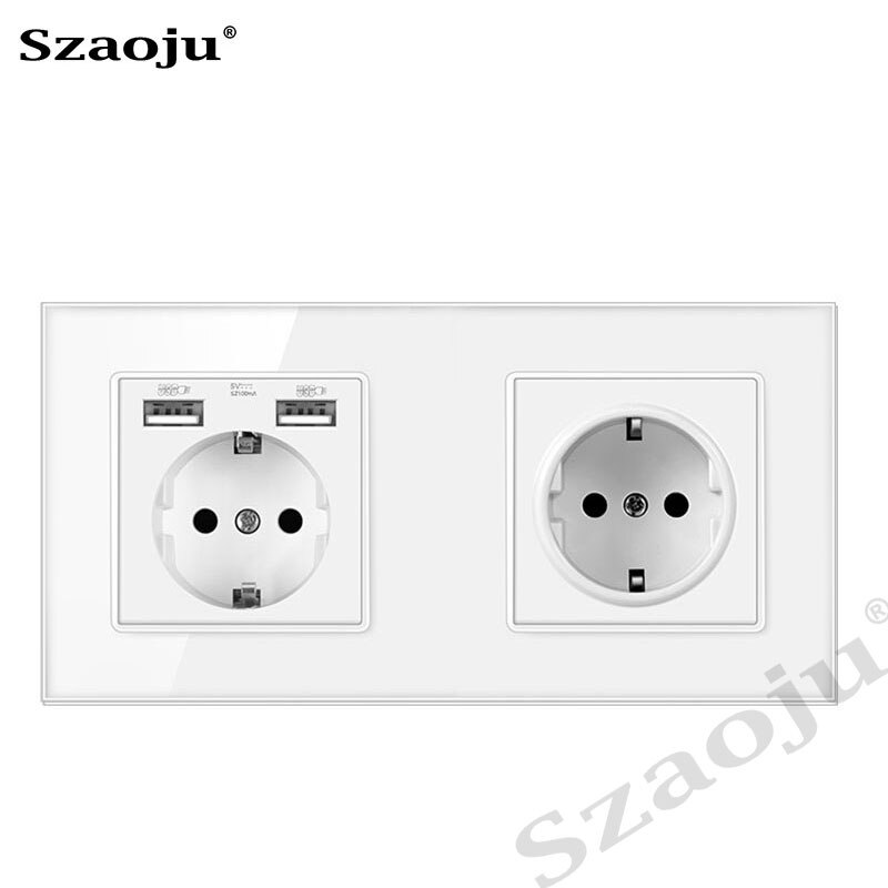 Szaoju wall socket German standard 16A crystal tempered glass panel socket Siamese power socket with USB charging AC110-250V