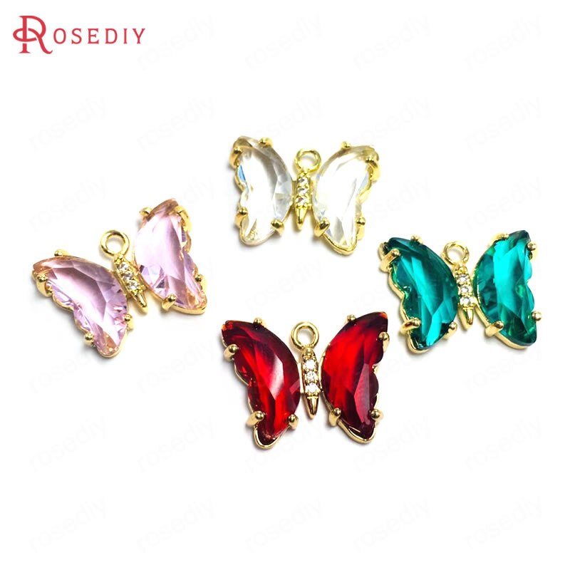 Breloques papillon en laiton, Zircon et verre, 15x20MM 24K, couleur Champagne or, pendentifs, fournitures pour la fabrication de bijoux, résultats de bricolage, 10 pièces