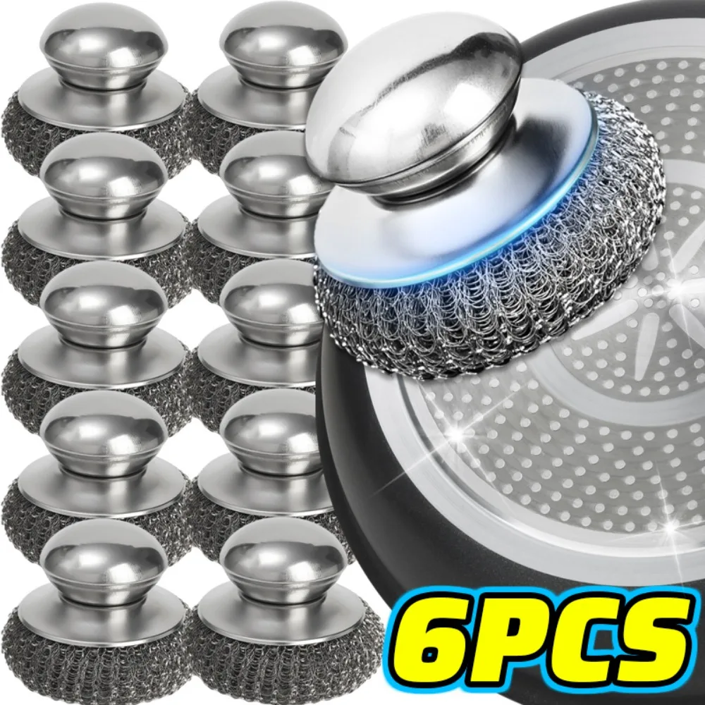 1/6 stuks keuken roestvrijstalen potborstel draadbal roestverwijdering schoonmaakgereedschap met handvat scrubber thuis afwasaccessoires